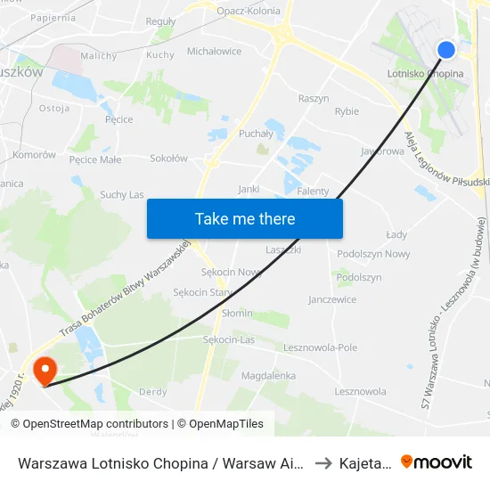 Warszawa Lotnisko Chopina / Warsaw Airport to Kajetany map