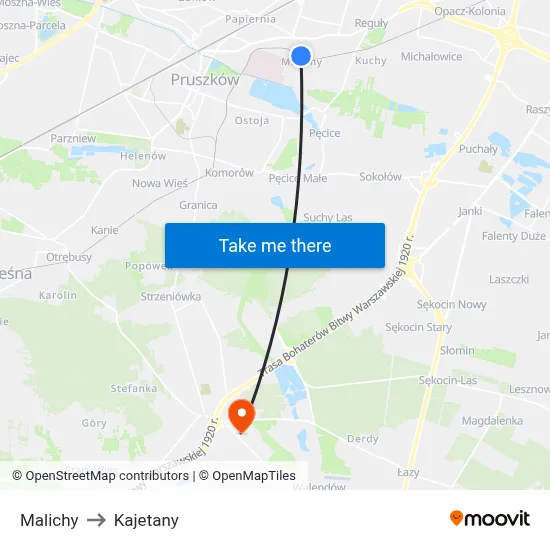 Malichy to Kajetany map