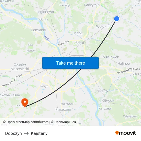 Dobczyn to Kajetany map