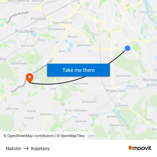 Natolin to Kajetany map