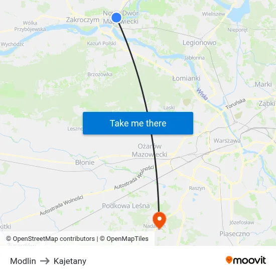 Modlin to Kajetany map