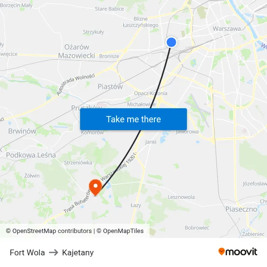 Fort Wola to Kajetany map