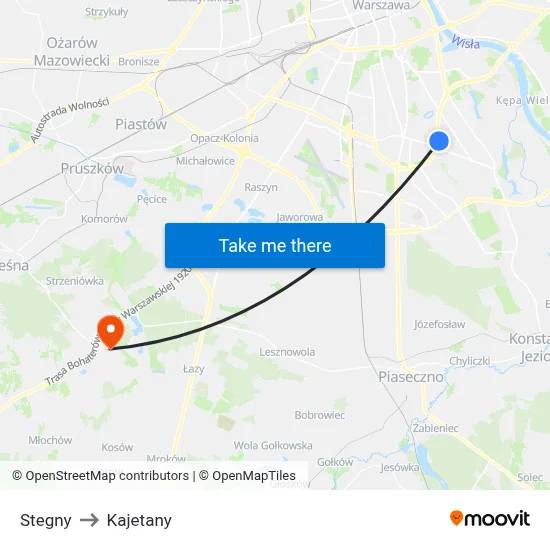 Stegny to Kajetany map