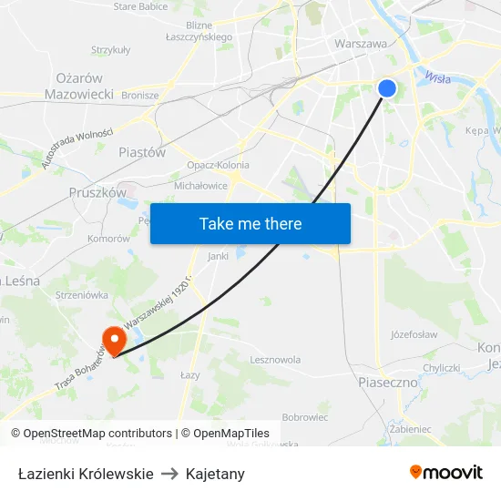 Łazienki Królewskie to Kajetany map