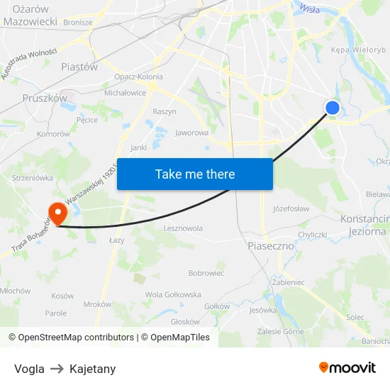 Vogla to Kajetany map