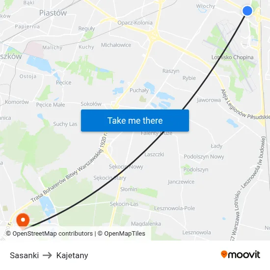 Sasanki to Kajetany map