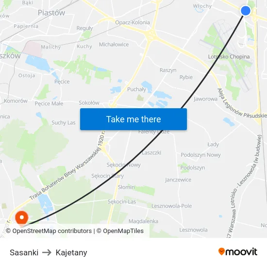 Sasanki to Kajetany map