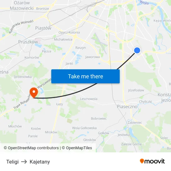 Teligi to Kajetany map