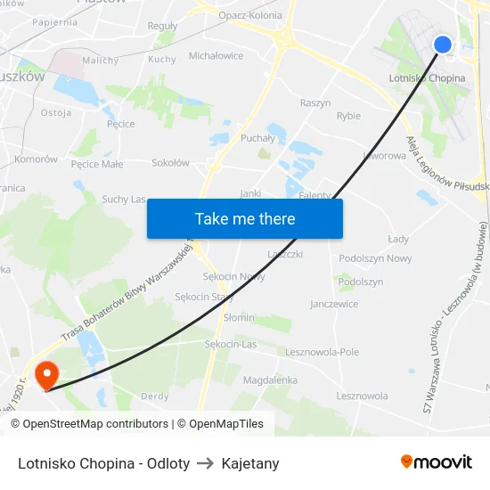 Lotnisko Chopina - Odloty to Kajetany map