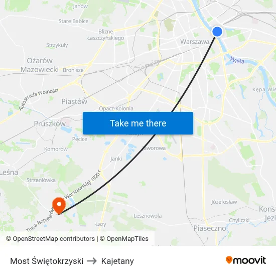 Most Świętokrzyski to Kajetany map