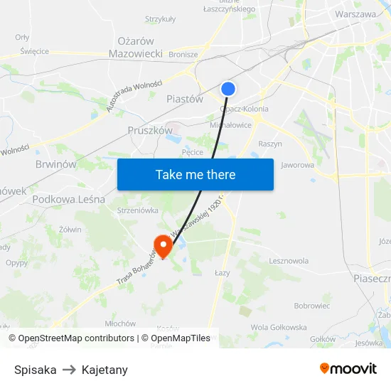 Spisaka to Kajetany map