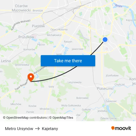 Metro Ursynów to Kajetany map
