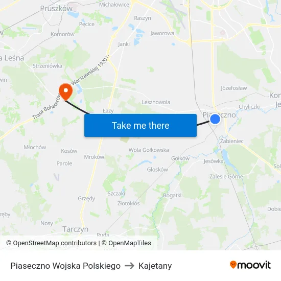 Piaseczno Wojska Polskiego to Kajetany map