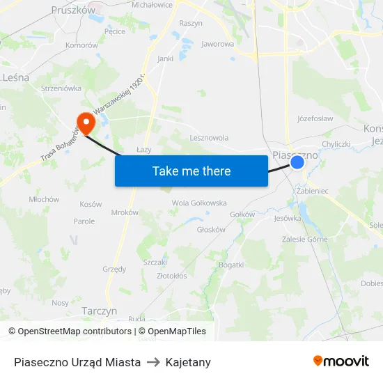 Piaseczno Urząd Miasta to Kajetany map