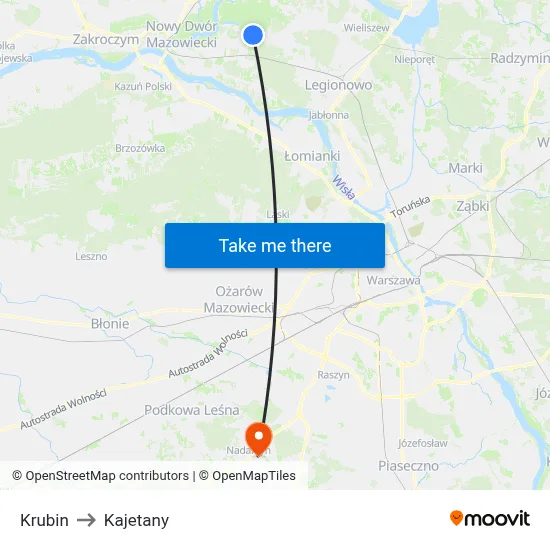 Krubin to Kajetany map