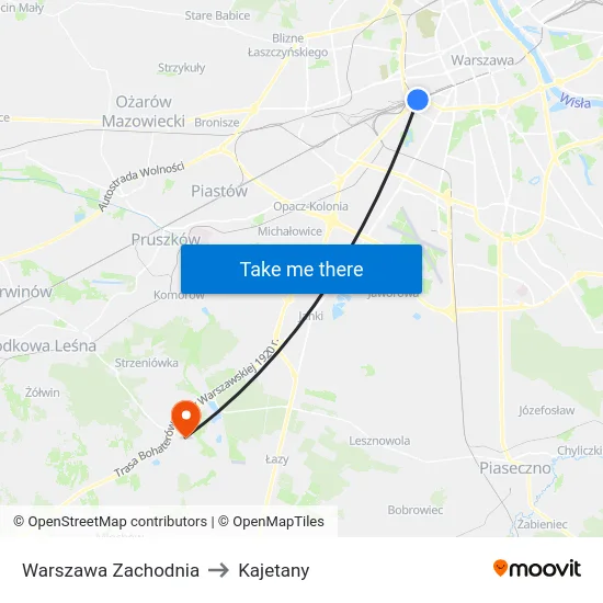 Warszawa Zachodnia to Kajetany map