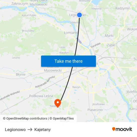 Legionowo to Kajetany map