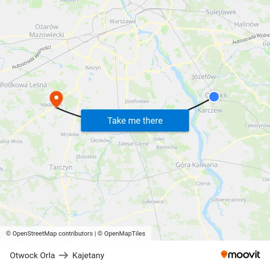 Otwock Orla to Kajetany map