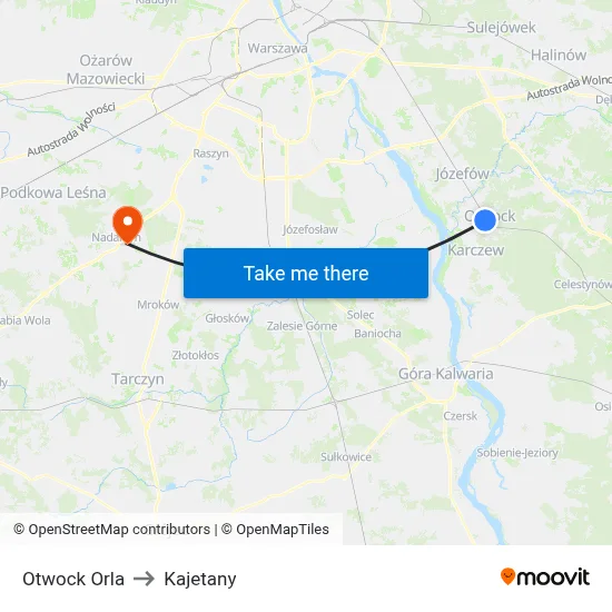 Otwock Orla to Kajetany map