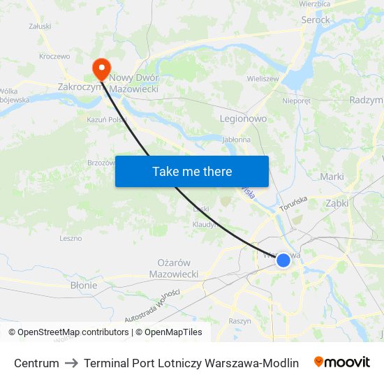 Centrum to Terminal Port Lotniczy Warszawa-Modlin map