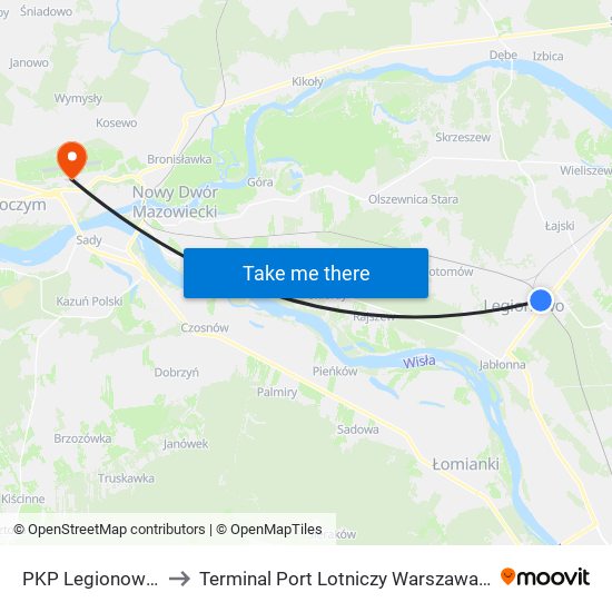 PKP Legionowo 01 to Terminal Port Lotniczy Warszawa-Modlin map