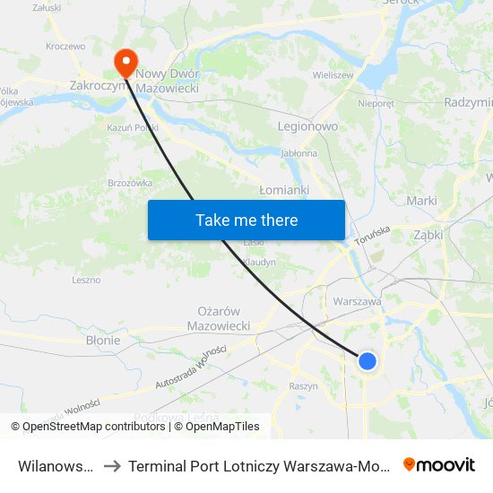 Wilanowska to Terminal Port Lotniczy Warszawa-Modlin map