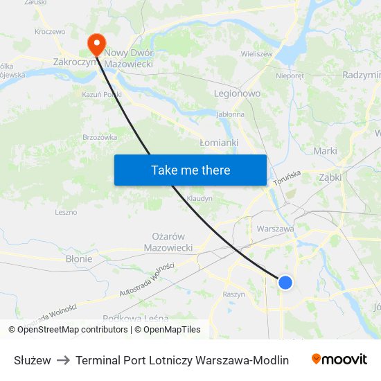 Służew to Terminal Port Lotniczy Warszawa-Modlin map