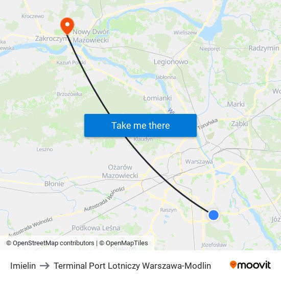 Imielin to Terminal Port Lotniczy Warszawa-Modlin map