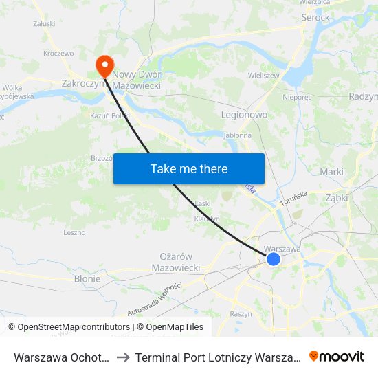 Warszawa Ochota WKD to Terminal Port Lotniczy Warszawa-Modlin map