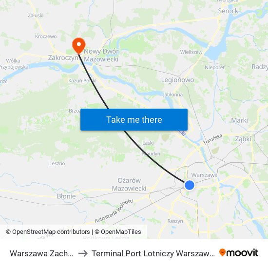 Warszawa Zachodnia to Terminal Port Lotniczy Warszawa-Modlin map