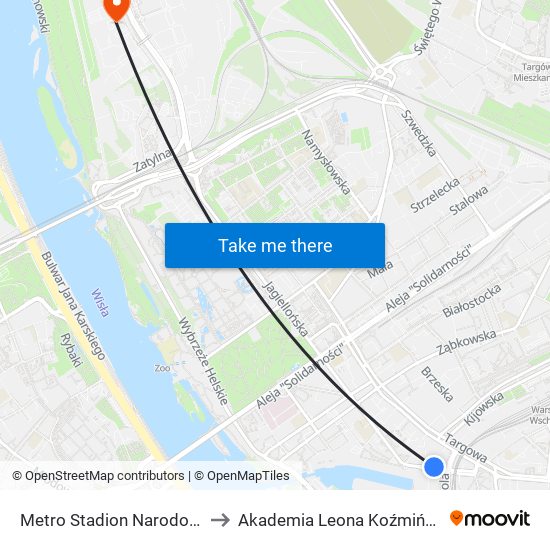 Metro Stadion Narodowy to Akademia Leona Koźmińskiego map