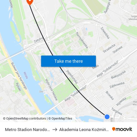 Metro Stadion Narodowy 11 to Akademia Leona Koźmińskiego map