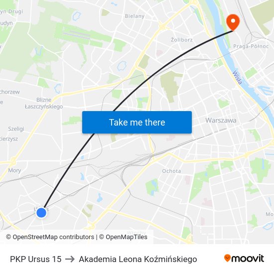 PKP Ursus to Akademia Leona Koźmińskiego map