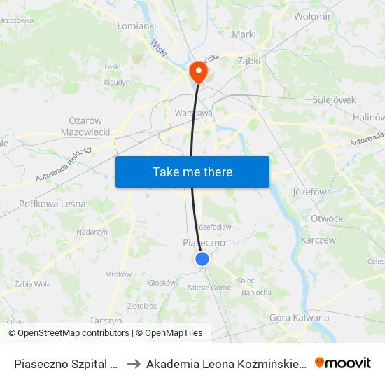 Piaseczno Szpital to Akademia Leona Koźmińskiego map