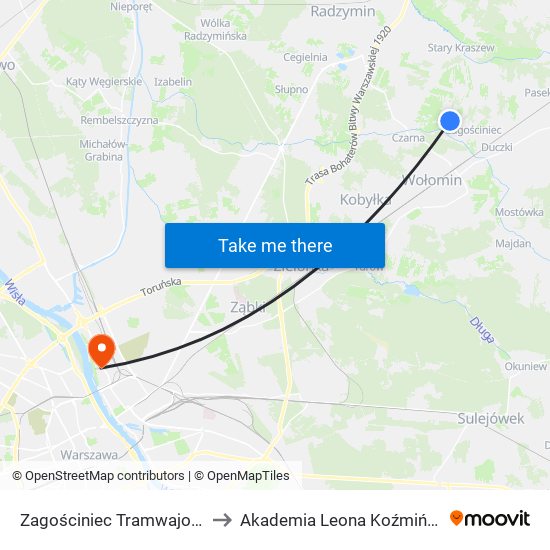 Zagościniec Tramwajowa 01 to Akademia Leona Koźmińskiego map