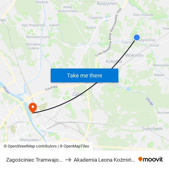 Zagościniec Tramwajowa 02 to Akademia Leona Koźmińskiego map