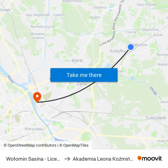 Wołomin Sasina - Liceum 01 to Akademia Leona Koźmińskiego map