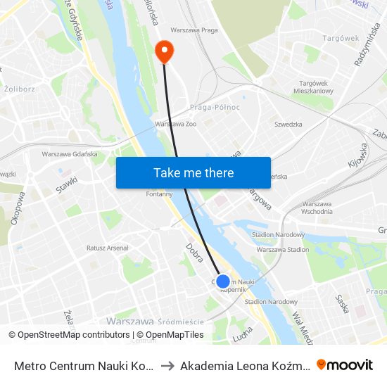 Metro Centrum Nauki Kopernik to Akademia Leona Koźmińskiego map