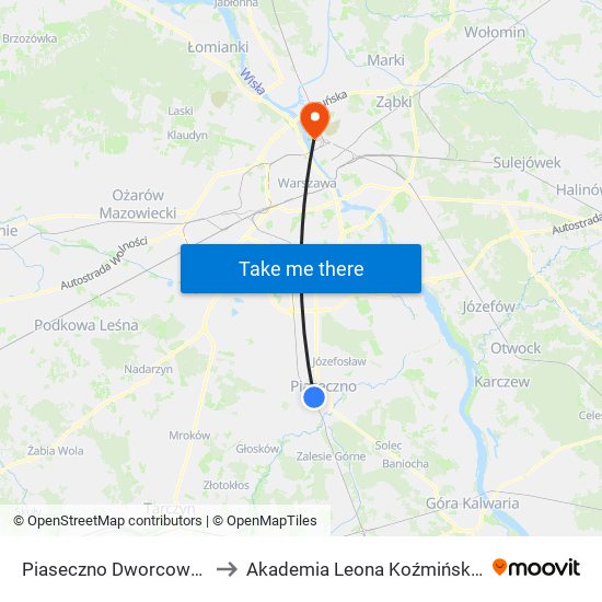 Piaseczno Dworcowa 01 to Akademia Leona Koźmińskiego map