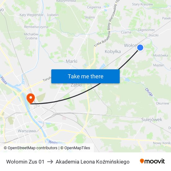 Wołomin Zus to Akademia Leona Koźmińskiego map