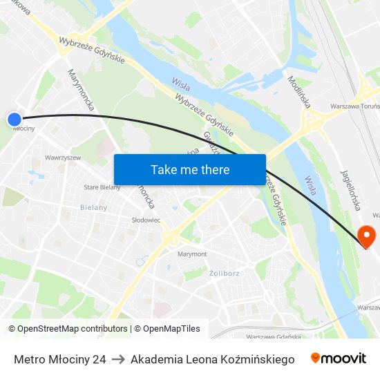 Metro Młociny to Akademia Leona Koźmińskiego map