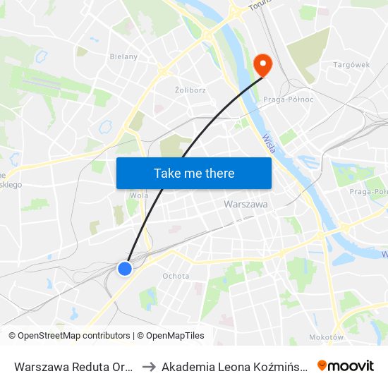 Warszawa Reduta Ordona to Akademia Leona Koźmińskiego map