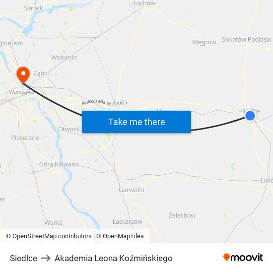 Siedlce to Akademia Leona Koźmińskiego map