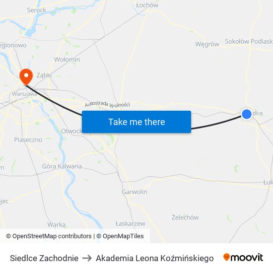 Siedlce Zachodnie to Akademia Leona Koźmińskiego map