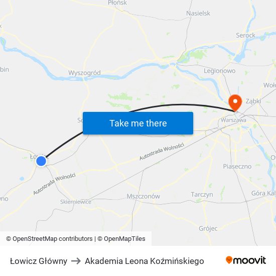 Łowicz Główny to Akademia Leona Koźmińskiego map