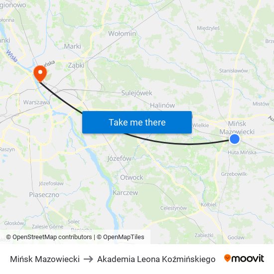 Mińsk Mazowiecki to Akademia Leona Koźmińskiego map