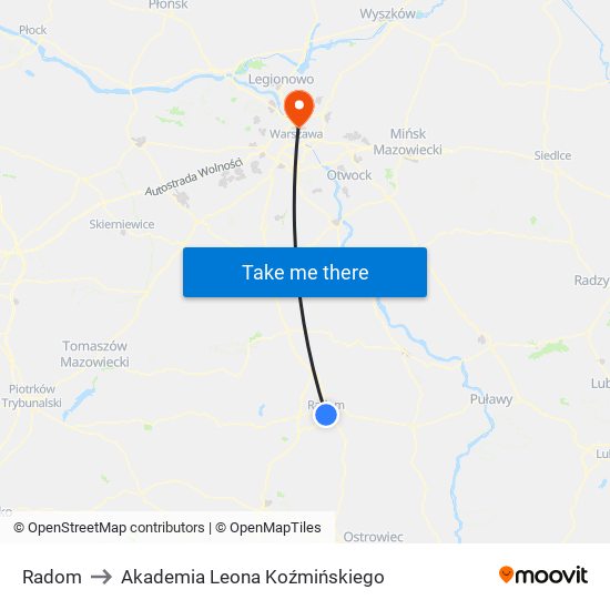 Radom to Akademia Leona Koźmińskiego map