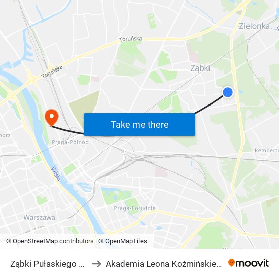 Ząbki Pułaskiego 01 to Akademia Leona Koźmińskiego map