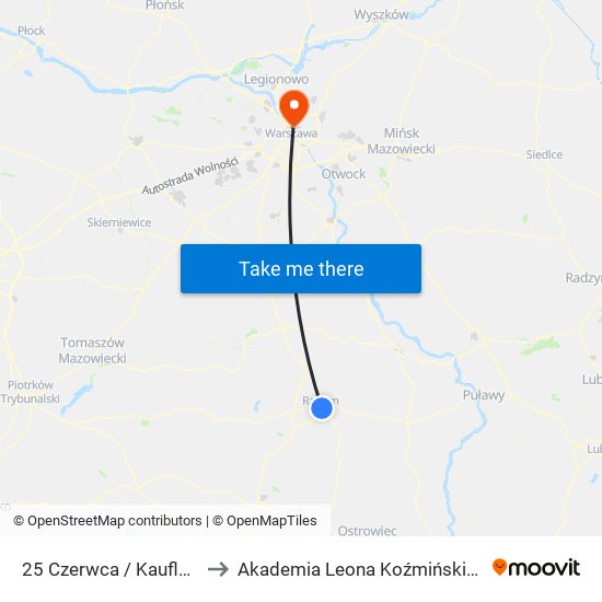 25 Czerwca / Kaufland to Akademia Leona Koźmińskiego map