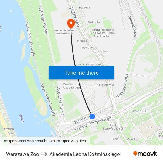 Warszawa Zoo to Akademia Leona Koźmińskiego map